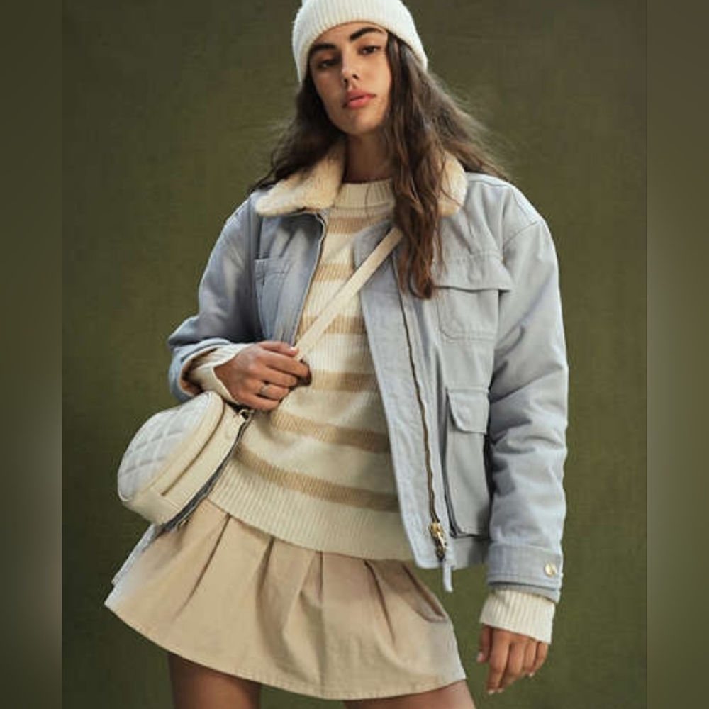 American Eagle Canvas Bomber Jacket Blue Coat Faux Barn Sherpa Collar Cotton